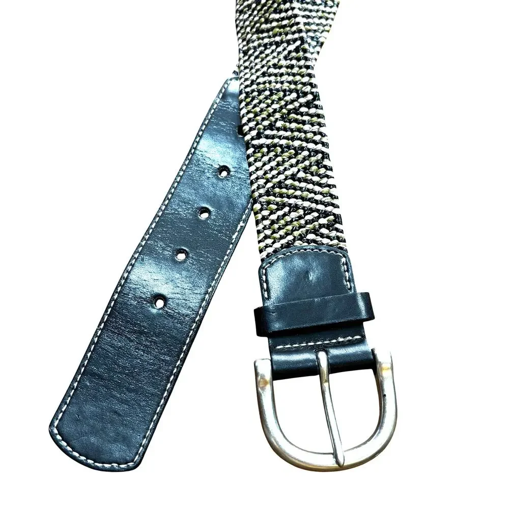 Woven belt with silvertone buckle black khaki & tan stretch casual geometric S